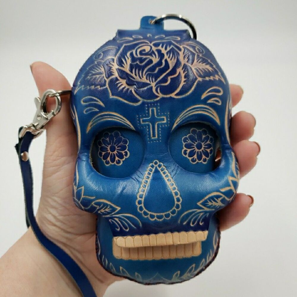 Sugar Skull Leather Wristlet Wallet Gift Small Pouch Keychain Day of the Dead